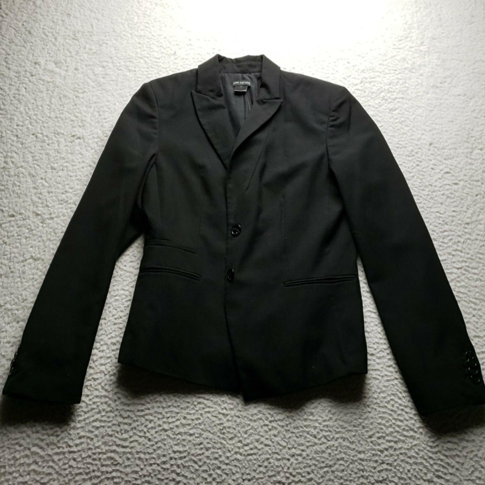 Ann Taylor Blazer Jacket Womens M Black Solid Wool Blend Lined Tailored Career
